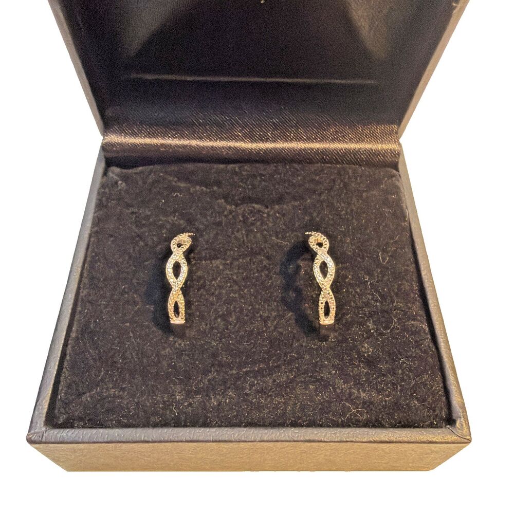 PAJ Signed 925 Sterling Silver Infinity Twist Huggie Hoop Earrings Pavé CZ